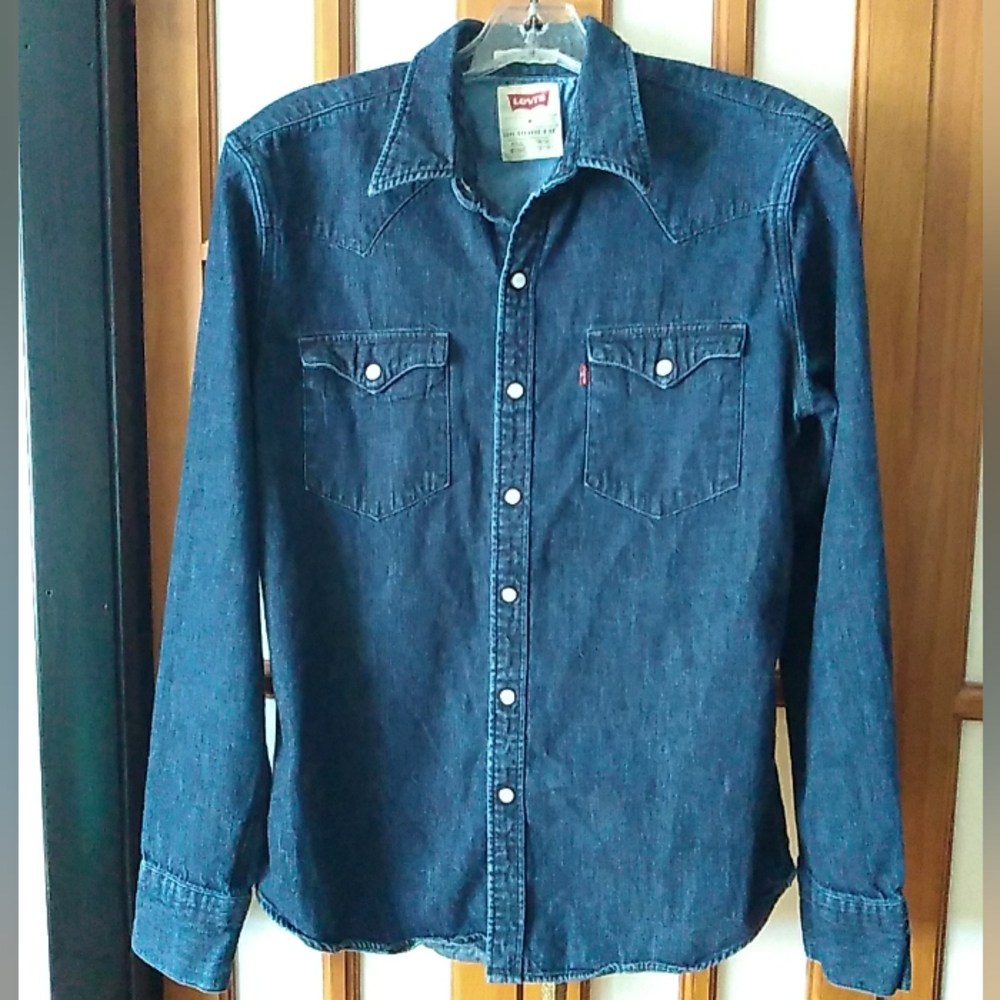 Women's Levi Dark Denim Western Jean Shirt With Pearl Snaps Sz M